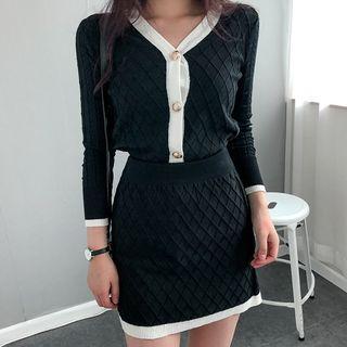 Set: Long-sleeve Contrast Trim Buttoned Knit Top + Mini Skirt