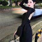 Halter-neck Shirred Midi A-line Dress / Long-sleeve Crop Top