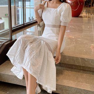 Balloon-sleeve Midi Eyelet Lace Dress