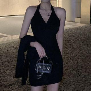 Halter V-neck Plain Mini Dress Black - One Size