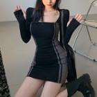 Long-sleeve Two-tone Mini Sheath Dress Black & Gray - One Size