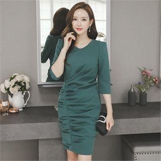 Shirred-detail 3/4-sleeve Sheath Dress