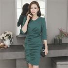 Shirred-detail 3/4-sleeve Sheath Dress