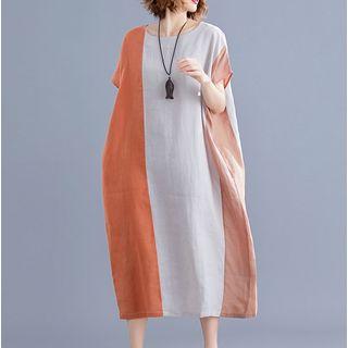 Short-sleeve Color Block Midi Tunic Dress