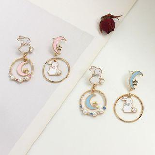 Rabbit & Moon Asymmetrical Alloy Dangle Earring