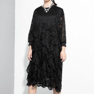 Puff-sleeve Ruffled A-line Lace Dress Black - One Size