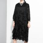 Puff-sleeve Ruffled A-line Lace Dress Black - One Size