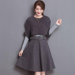 Set: Knit Pullover + Elbow-sleeve Sweater + A-line Skirt