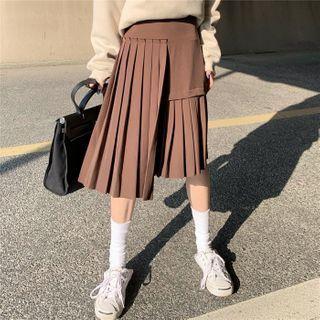 High-waist Pleated Asymmetric Plain Skirt