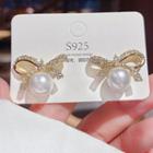 Bow Rhinestone Faux Pearl Earring E0359 - 1 Pair - Gold & White - One Size