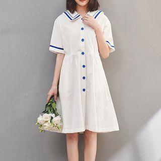 Elbow-sleeve Contrast Trim Buttoned A-line Dress