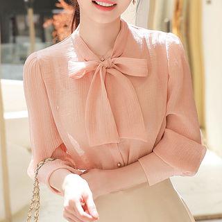 Tie-neck Crinkled See-through Blouse