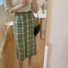Band-waist Slit-side Checked Skirt Green - One Size