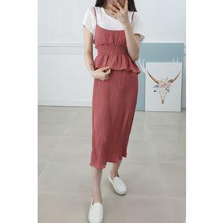 Petite Size Set: Ruffle-trim Pleated Long Chiffon Dress + T-shirt