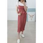Petite Size Set: Ruffle-trim Pleated Long Chiffon Dress + T-shirt