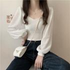 Puff Sleeve Knit Panel Blouse