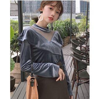 Mesh Yoke Long-sleeve Velvet Top