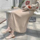 Faux Pearl Trim A-line Midi Knit Skirt