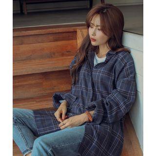 Hidden-button Oversized Plaid Shirt Navy Blue - One Size