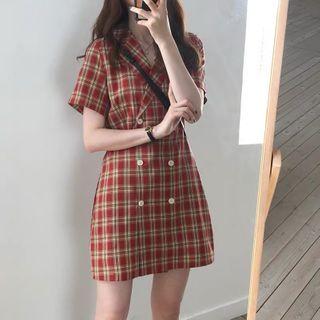 Short Sleeve Double Breast Plaid A-line Dress