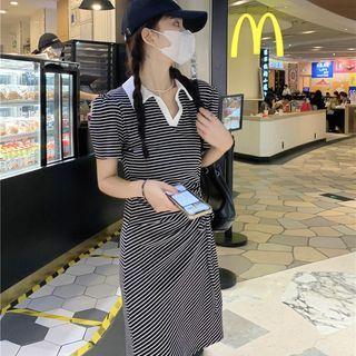 V-neck Drawstring Striped A-line Mini Dress Black - One Size