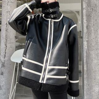 Stand-collar Contrast Trim Faux-leather Jacket