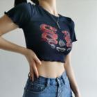 Print Short-sleeve Slim-fit Cropped Top