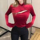 Long-sleeve Mock-neck Velvet Cropped Top