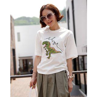 Drawstring-side Dinosaur-sequined T-shirt