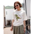 Drawstring-side Dinosaur-sequined T-shirt