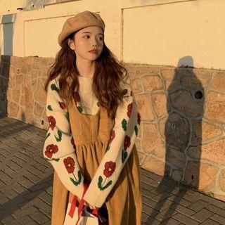 Floral Sweater / Plain Midi A-line Overall Dress