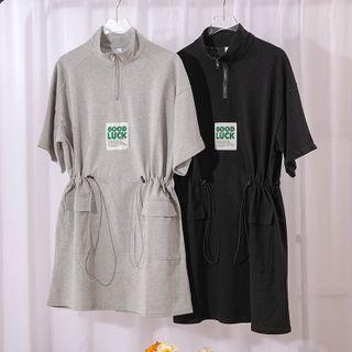 Elbow-sleeve Drawstring-waist Mini A-line Dress