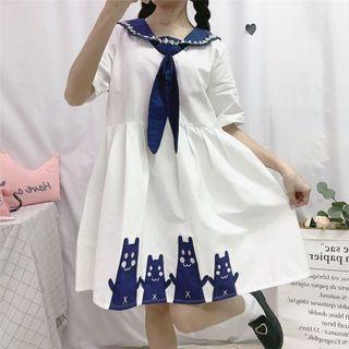 Short-sleeve Cat Embroidered Dress