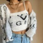Set: Lettering Print Fluffy Camisole Top + Cardigan
