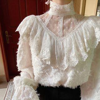 Mock-neck Lace Blouse Milky Almond - One Size