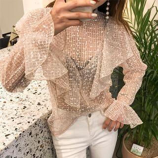 Mock-neck Ruffled Mesh Top