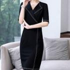 Elbow-sleeve Stitch Trim Sheath Dress