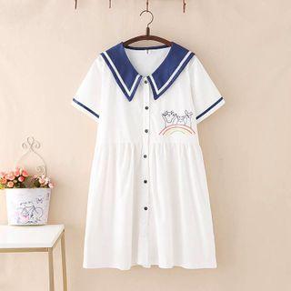Short-sleeve Sailor Collar Cartoon Embroidered Smock Dress (various Designs)
