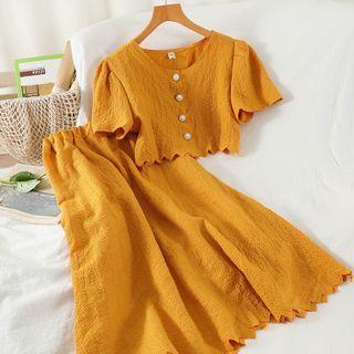 Set: Short-sleeve Button-up Top + Midi A-line Skirt