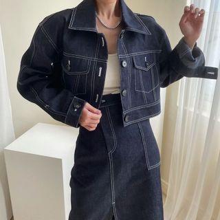 Contrast Stitching Cropped Denim Jacket / Front-slit Midi Pencil Skirt