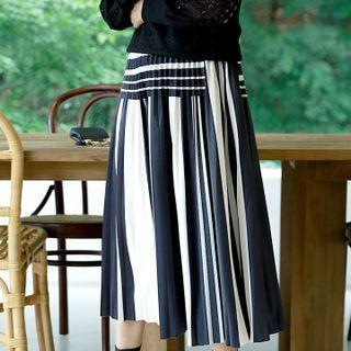 Striped Long Accordion-pleat Skirt