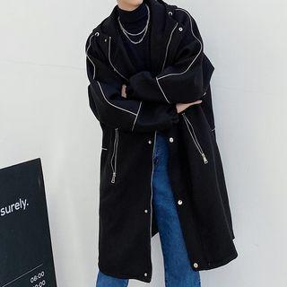 Contrast Trim Hooded Zip Midi Coat