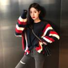 Long-sleeve Striped Cable Knit Sweater Sapphire Blue - One Size