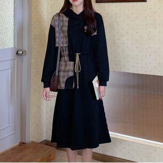 Plaid Panel Drawstring Long-sleeve Midi Shift Dress