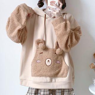 Mock Two-piece Fleece Panel Hoodie Khaki - One Size