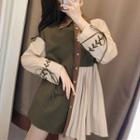 Long-sleeve Color Block Lace-up Mini A-line Shirtdress