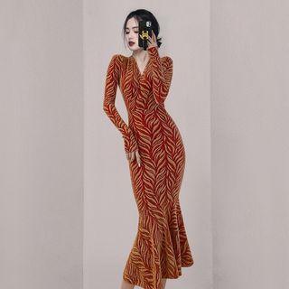 Long-sleeve Printed Ruffle Hem Midi Sheath Dress