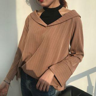 Mock Two Piece Color Panel Striped Cut Out Shoulder Long Sleeve Top
