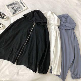 Plain Zip Loose-fit Hooded Jacket