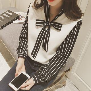 Mock Two-piece Long-sleeve Striped Blouse